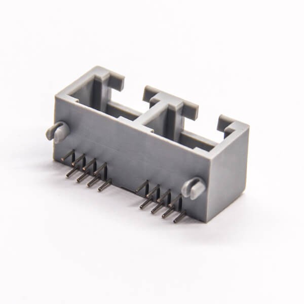 EB-500-7144_4 双口rj45插座灰色全塑8p8c弯式插座dip接PCB板不带屏蔽
